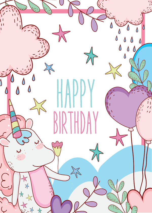 Print birthday cards with balloon and unicorn